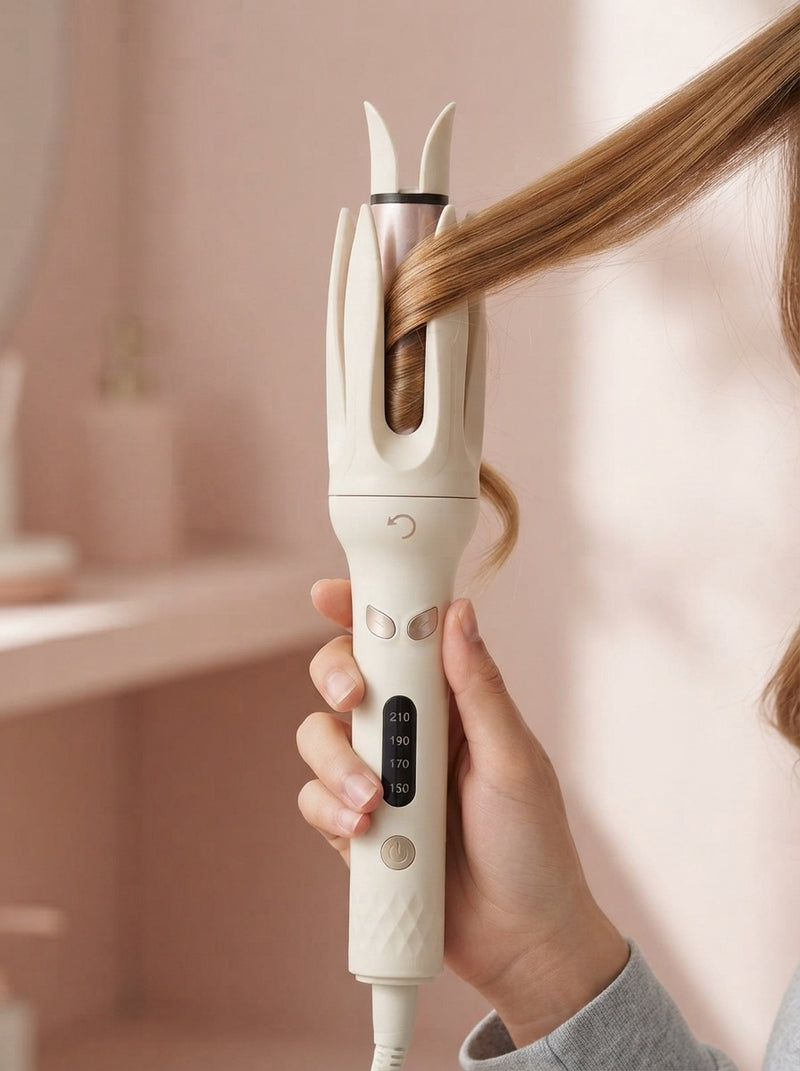 Close-up of a hand using an automatic ceramic hair curler to style a section of hair in a well-lit room.