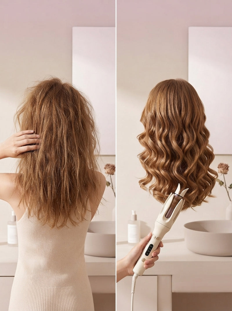 A split-screen comparison showing messy, unstyled hair on the left and polished, bouncy curls on the right in a home setting.