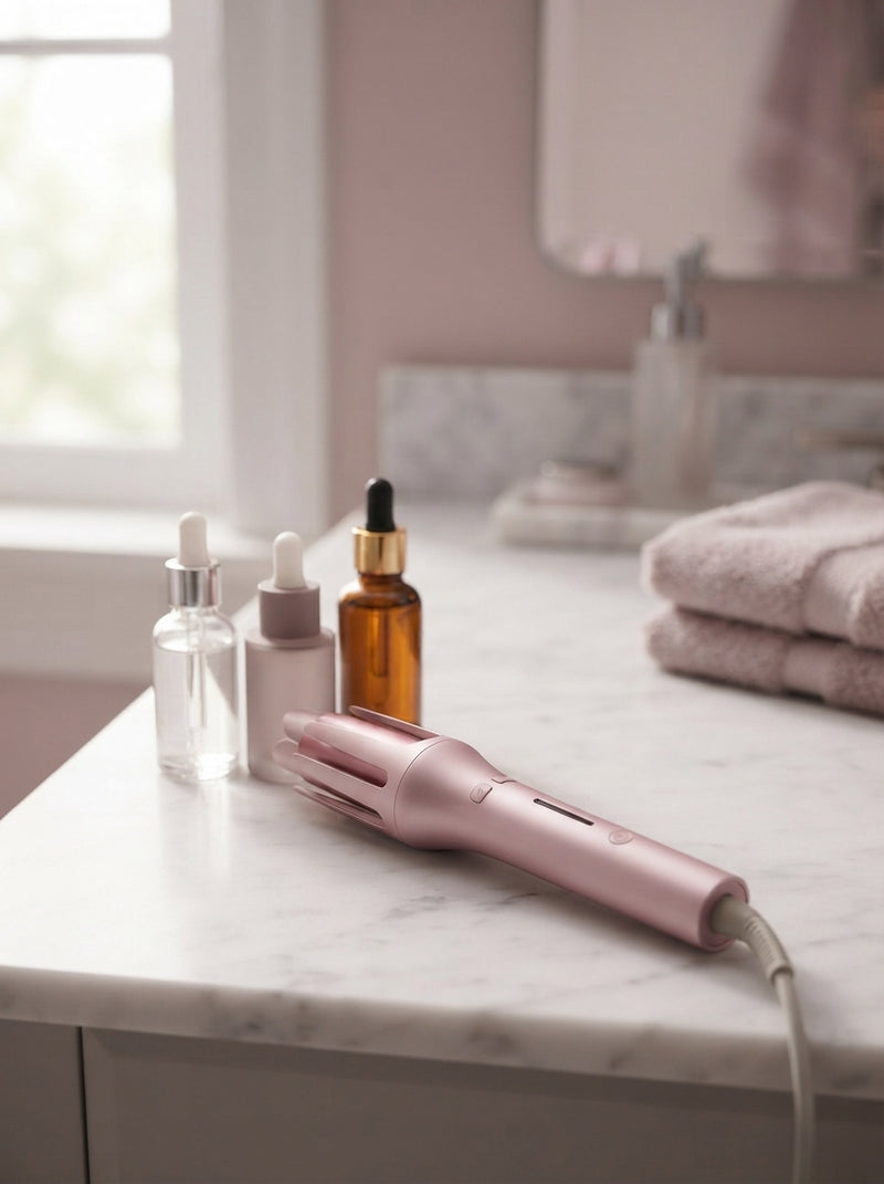 Automatic hair curler resting on a marble vanity next to luxury skincare serum bottles in a sunlit bathroom.