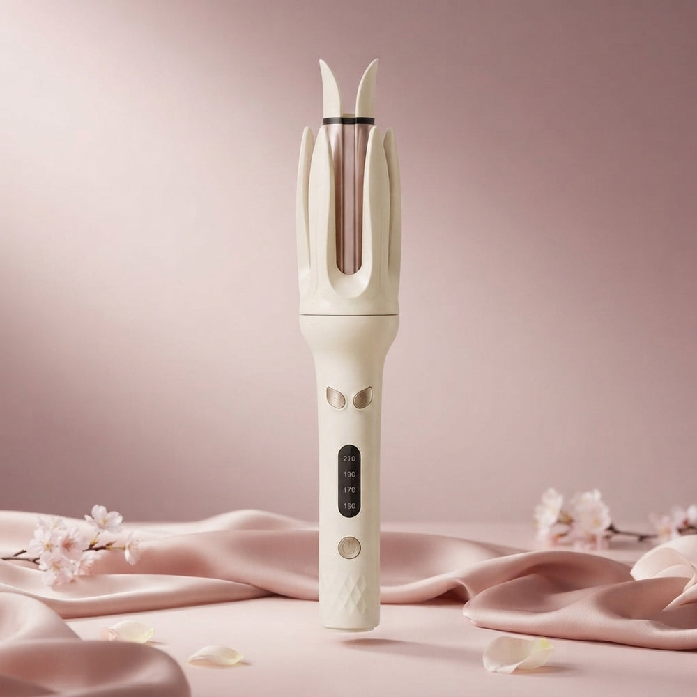 Automatic electric hair curler and waver iron centered against a soft blush and mauve gradient background.