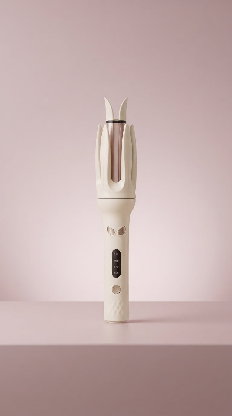 Automatic electric hair curler with a rotating barrel centered against a soft pink and mauve gradient background.