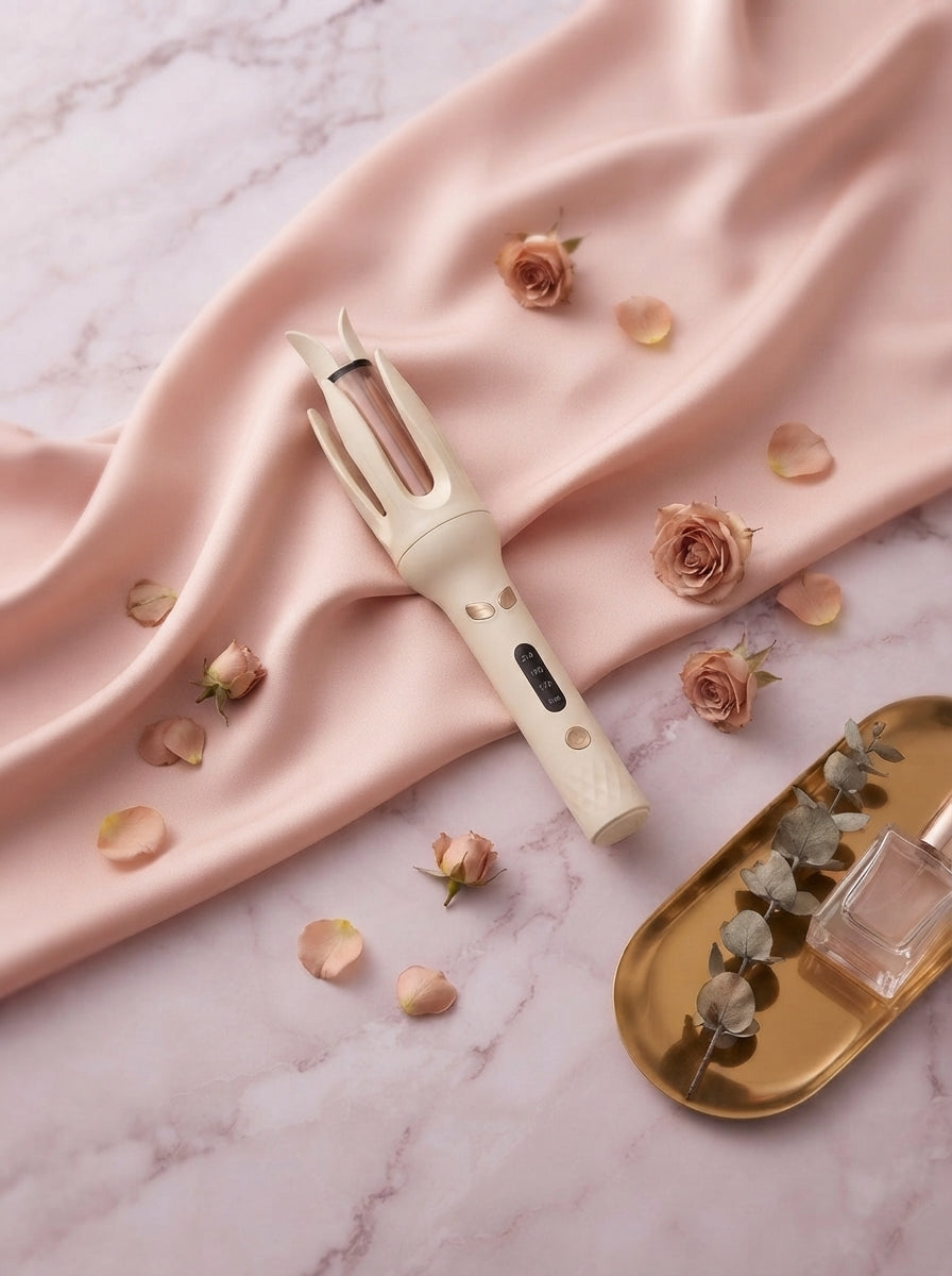 Automatic electric hair curler placed on blush pink silk and a pale mauve marble surface with surrounding rose-toned florals.